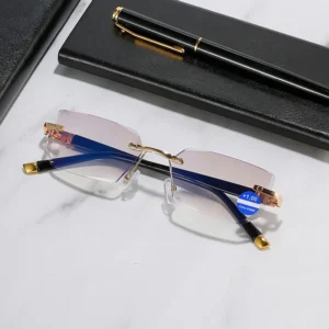 H008 Glasses Rimless Squared Lens Gold Metal Legs Anti-Blue Light