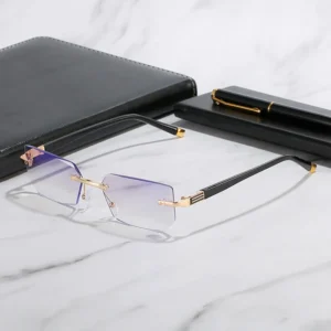 H008 Glasses Rimless Squared Lens Gold Metal Legs Anti-Blue Light