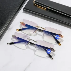 H008 Glasses Rimless Squared Lens Gold Metal Legs Anti-Blue Light