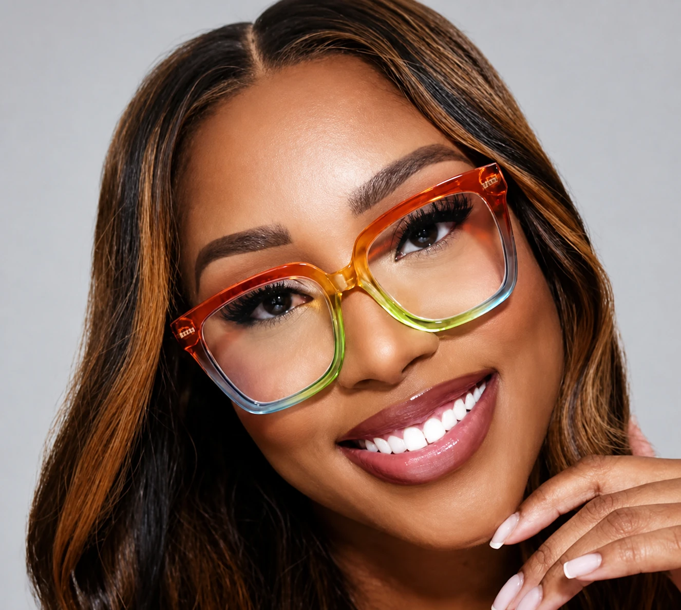Ella Shop eyewear model wearing colorful optical glasses